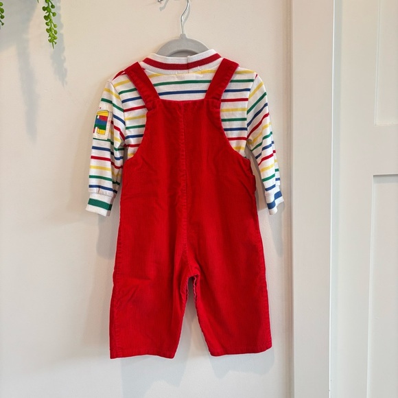 OshKosh B'Gosh Vintage 80's Rainbow Striped Mock Neck 18 mos Shirt Red Overalls - Picture 5 of 14